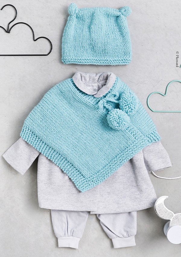 tricot bébé laine bonnet foulard bleu