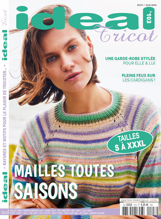 Couverture du magazine Idéal Tricot « Mailles toutes saisons », femme portant un pull tricoté rayé multicolore, avec mentions « Une garde-robe stylée pour elle & lui », « Pleins feux sur les cardigans » et « Tailles S à XXXL ».